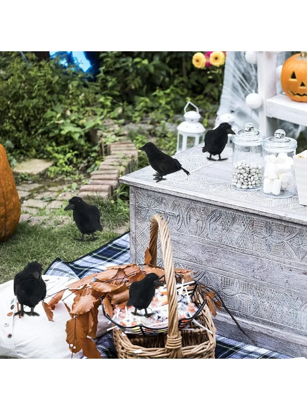 6 Pack Halloween Black Feathered Crows Lifelike Decoration Birds Real Feather